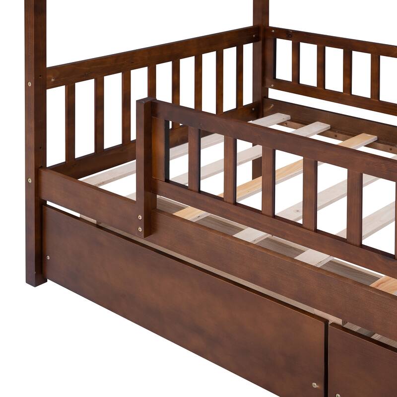 Wood Playhouse Bed Frame with 2 Drawers & Roof for Kids, Boys or Girls