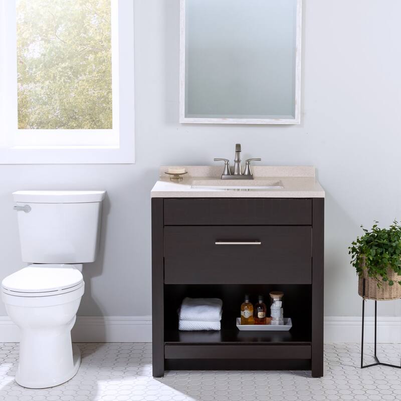Brooksley Ebony Oak Bathroom Vanity With Drawer, Open Shelf, and Sink Top