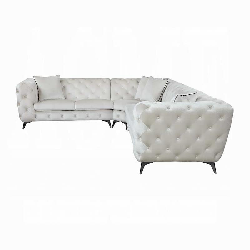 Ronia Sectional Sofa, 4 Throw Pillows, Tufted Ivory White, 133 Inch