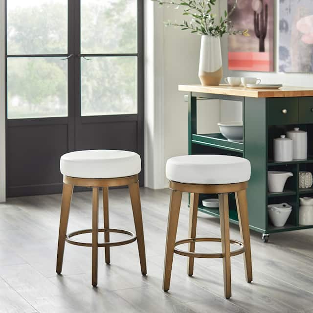 angelo:HOME Linden Faux Leather/ Brushed Metal Swivel Stool (Set of 2) - White/Brass - Counter height