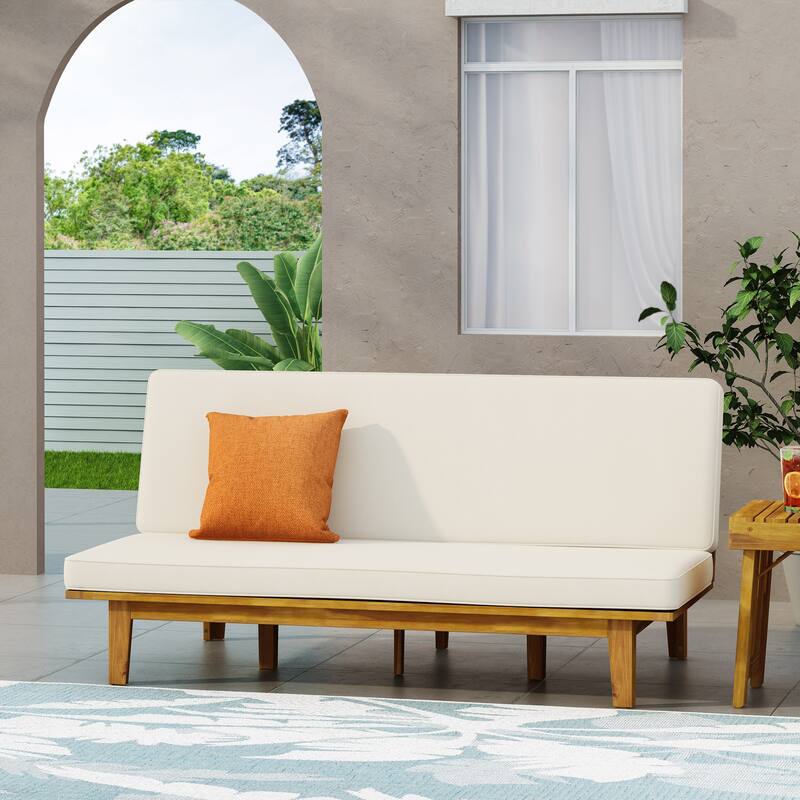 Roomfitters Adjustable Outdoor Wooden Bench with Slatted Backrest and Mid-Century Modern Design, Beige+Teak
