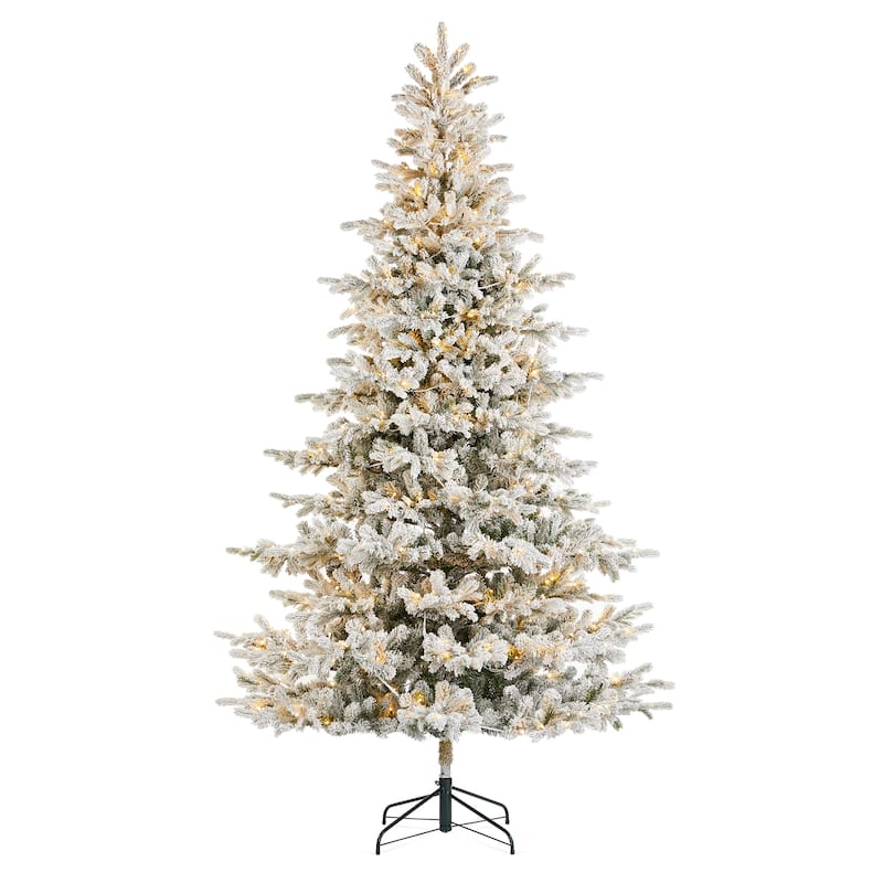Glitzhome 7.5ft/9ft Pre-Lit Flocked Full Fir Artificial Christmas Trees with Foot Pedal