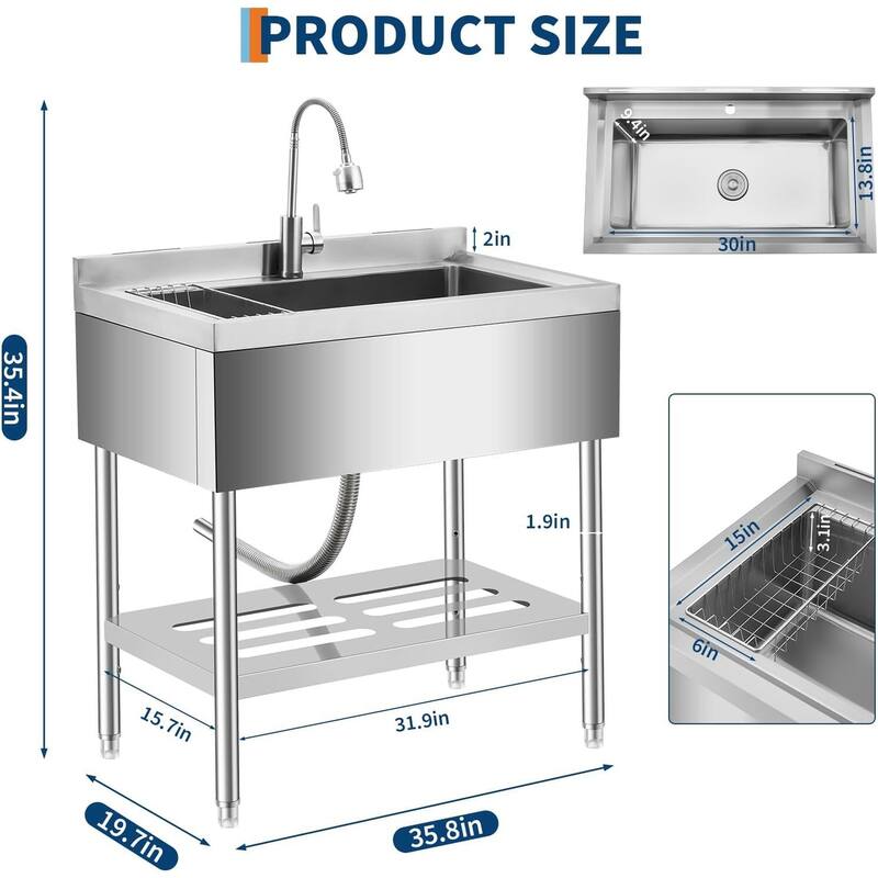 36x 20 x 35.5inch Freestanding Stainless Steel Utility Sink with 360° Swivel Faucet