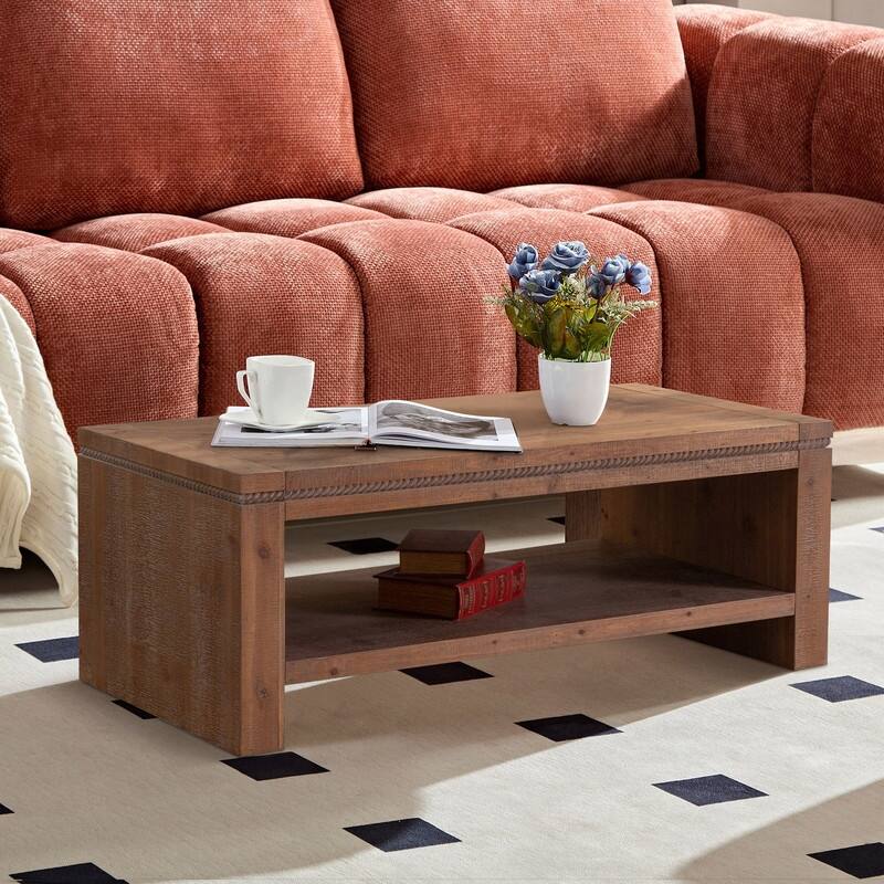 Rectangle Solid Wood Coffee Table with Open Storage Shelf
