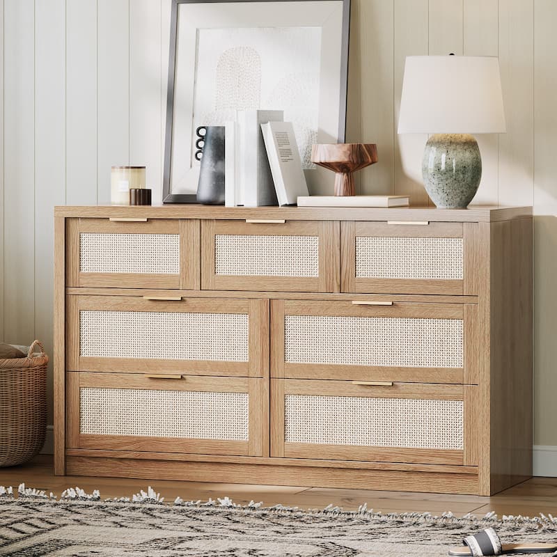 7 Drawers Dresser, 52" Wide Rattan Dresser Modern Chest of Drawers with Metal Handle, Wood Closet Storage Organizer