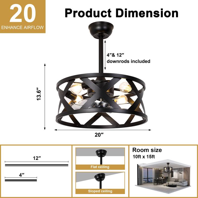 Cusp Barn 20" Farmhouse Caged Ceiling Fan with Lights and Remote, Industrial Black Fandelier, 6-speed Quiet DC Motor Ceiling Fan