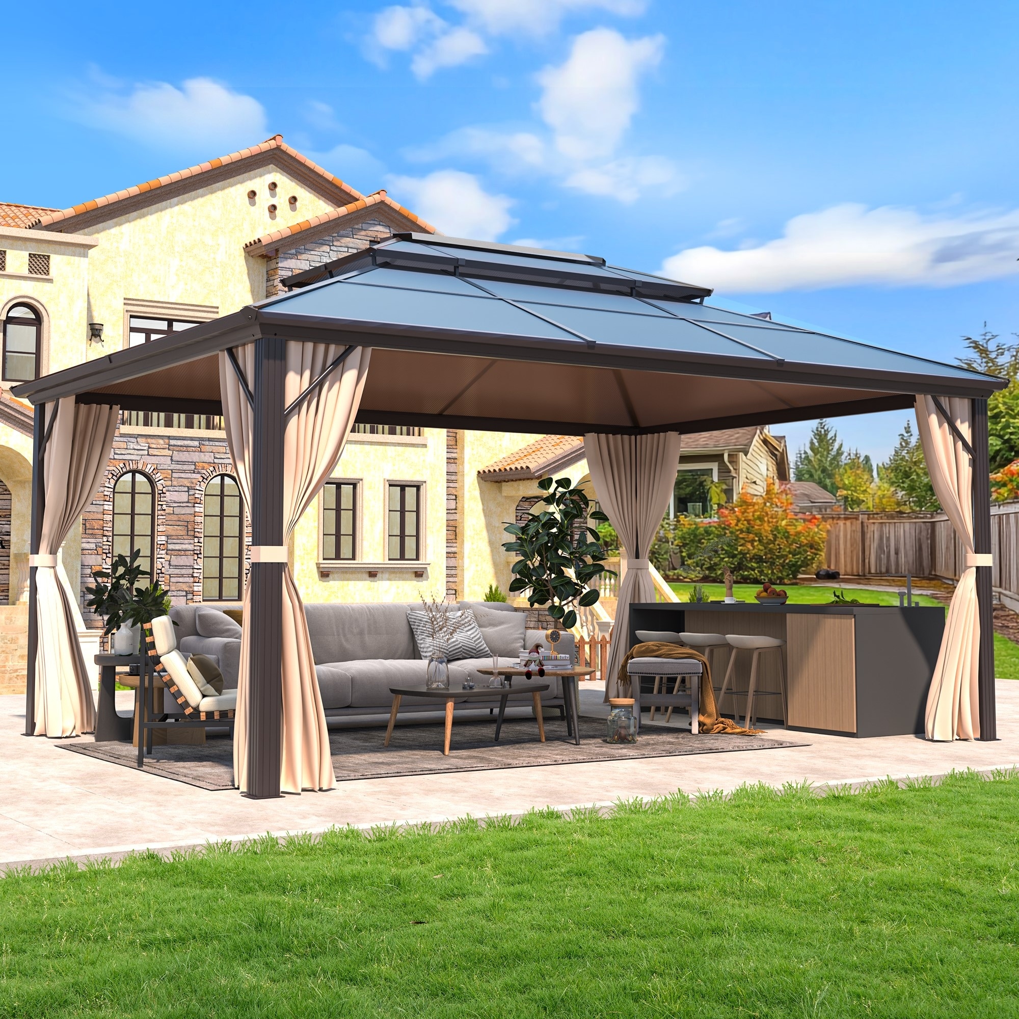 Outdoor Double Roof Hardtop Gazebo with Premium Netting and Curtains for Year-Round Use