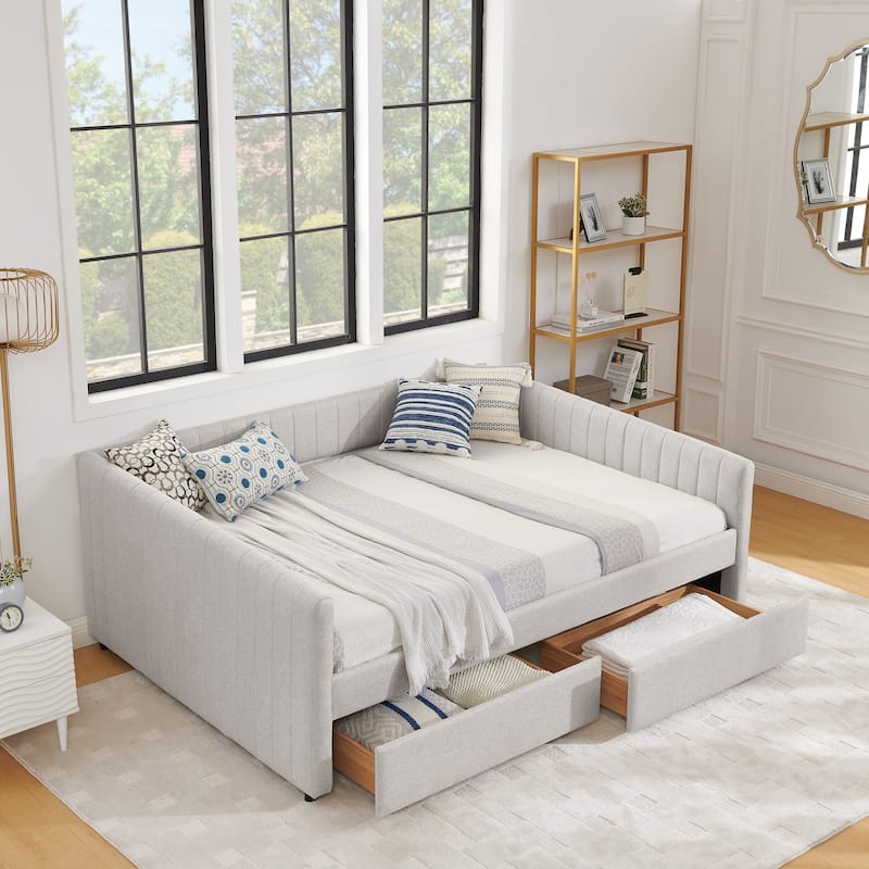 Roomfitters Queen Upholstered Daybed with Trundle and Storage Drawers, Vertical Striped Linen Sofa Bed