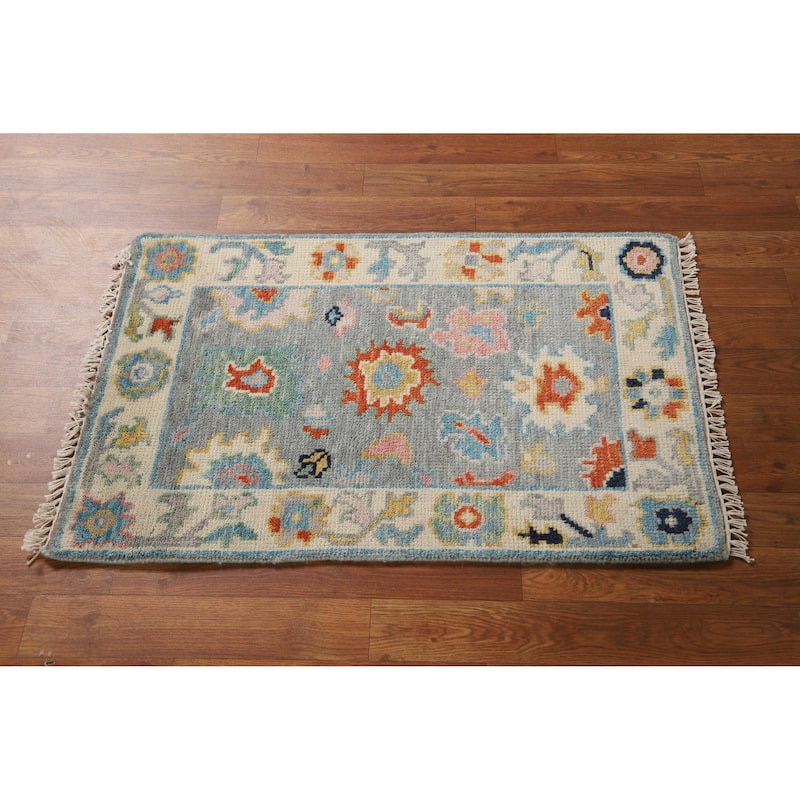 Gray Floral Oushak Oriental Foyer Rug Handmade Wool Carpet - 2'0" x 3'0"