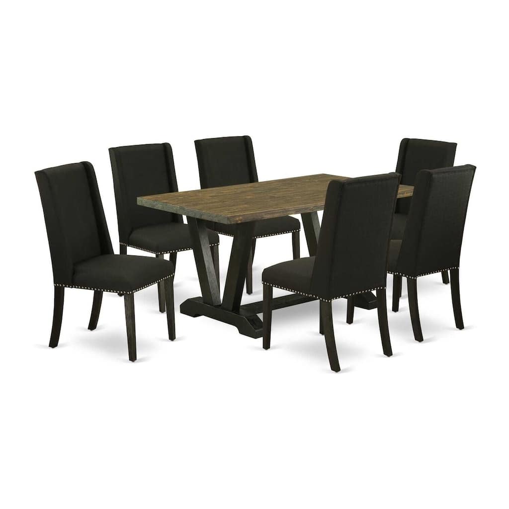 HomeStock 7-Pc Natural Oak Finish Solid Wood Top Dining Table with 6 Parson Chairs