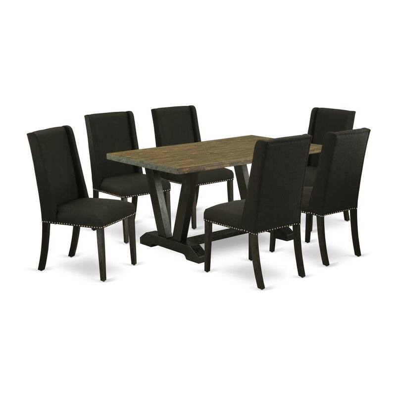 HomeStock 7-Pc Natural Oak Finish Solid Wood Top Dining Table with 6 Parson Chairs