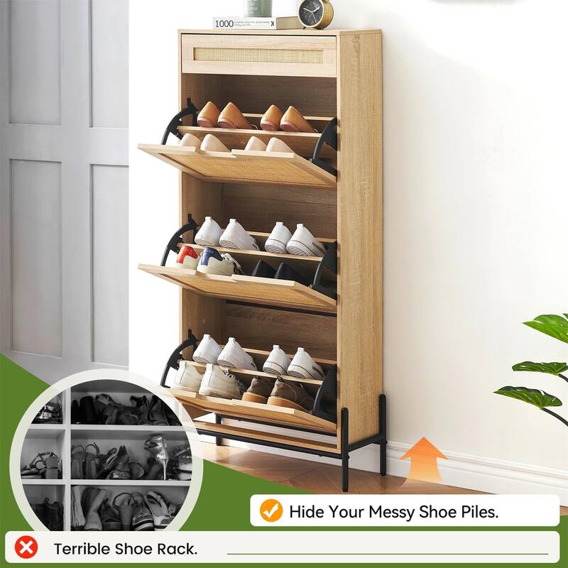 Rattan 3 Flip Door with 1 Drawer Shoe Rack Storage Cabinet