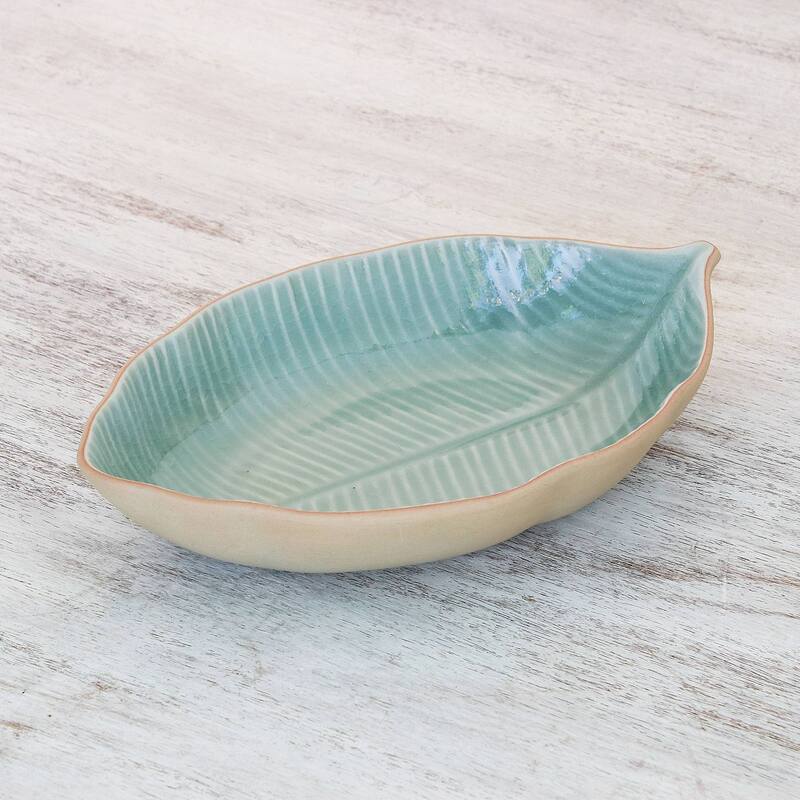 Novica Handmade Thai Leaf Celadon Ceramic Serving Bowl