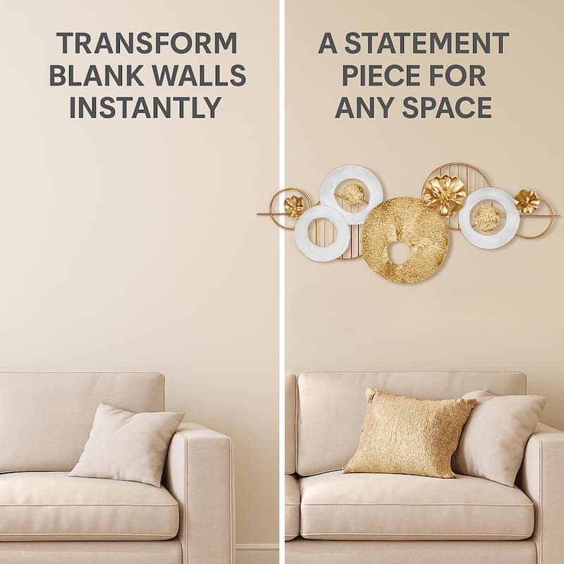 Gold White Multi Ring Metal Wall Art Horizontal Modern Decor 53"x23"