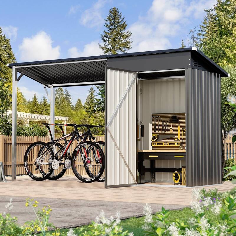 AECOJOY Outdoor Open-Sided Storage Shed Tool Shed Attached Hardtop Metal Pergola Gazebo