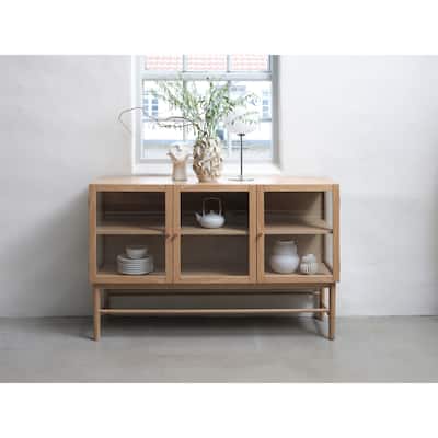 Rye Studio Modern 3 Door Glass Panel Sideboard, Natural Oak - 17"W x 55"L x 34.625"H