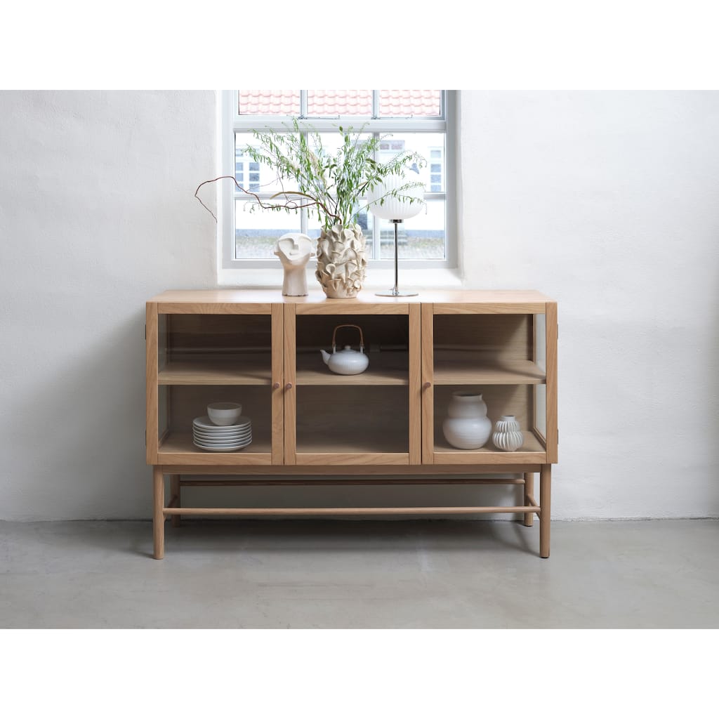 Rye Studio Modern 3 Door Glass Panel Sideboard, Natural Oak - 17"W x 55"L x 34.625"H