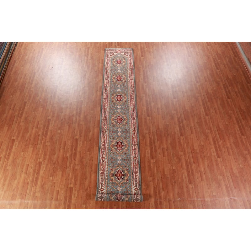 Light Blue Geometric Heriz Serapi Runner Rug Handmade Wool Carpet - 2'8"x 15'9"