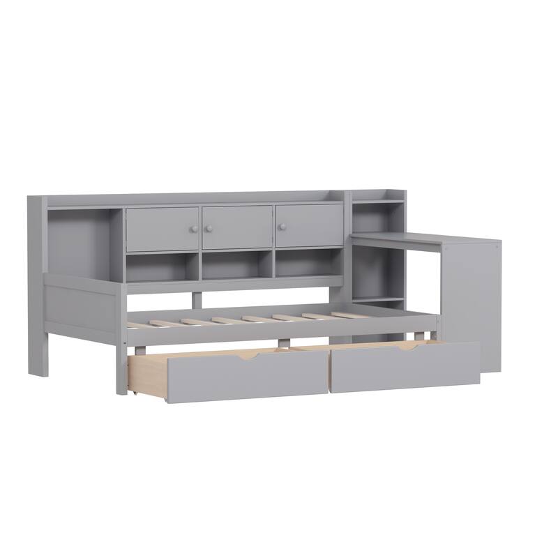 Full Size Daybed with Storage 3 Cabinets and 2 Drawers,Wooden Daybed Frame with Study Desk and Bookshelf,Multi-functional Bed