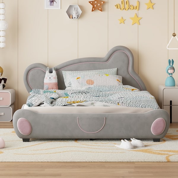 slide 2 of 9, Queenl Size Velvet Platform Bed Kids Bed with Bear-Shaped Headboard with Bed-End Storage Pocket, Gray Grey