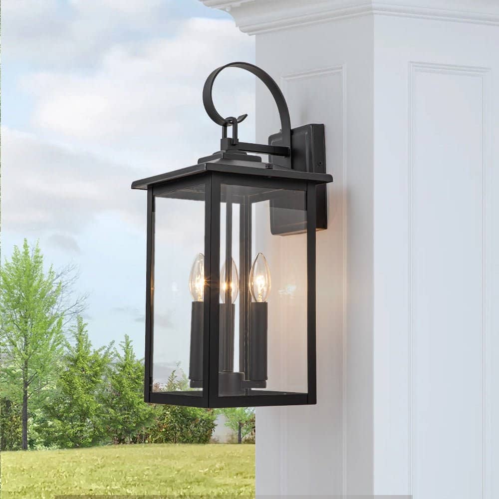 Lantern 3-Light Clear Glass Waterproof Outdoor Wall Sconce