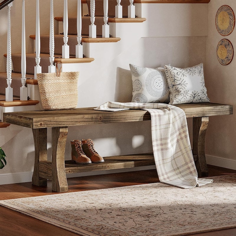 55 Inch Solid Wood Entryway Bench with Shoe Storage, 2-Tier End of Bed Bench Foyer Dining Bench - 55.1" W x 13.8" D x 17.7" H
