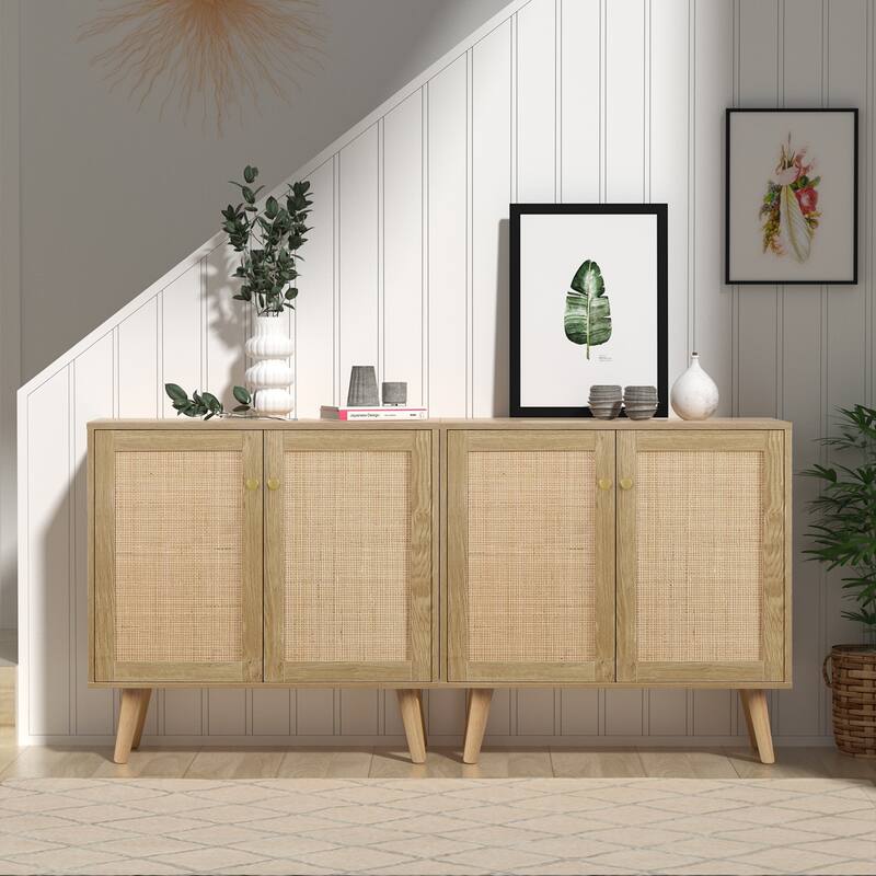Anmytek 2-Door Farmhouse Wood Rattan Buffet Sideboard Accent Storage Cabinet with Adjustable Shelves