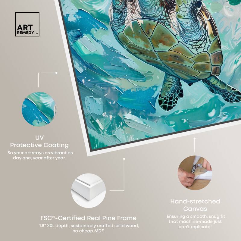 Art Remedy Serene Turtle Framed Colorful Coastal 1 Piece Canvas Wall Art