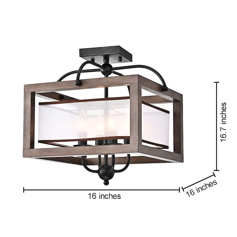 Alina Antique Black Metal Natural Wood Flush Mount with Fabric Shade