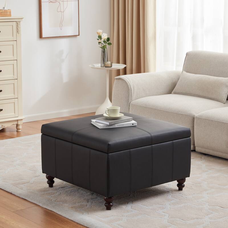 Leather Square Storage Ottoman for Living Room, Brown/ Black 30"W x 30"D x 18.1"H - Black