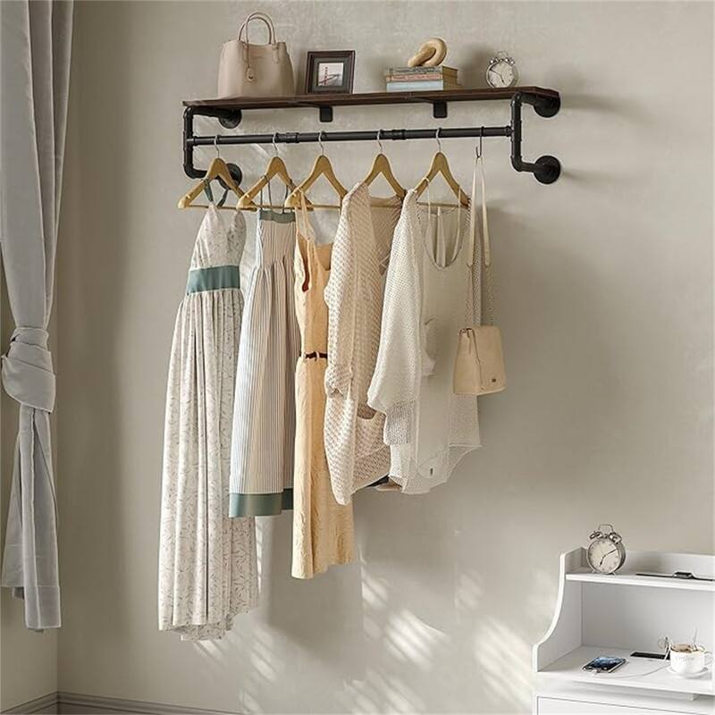 Industrial Pipe Clothes Rack with Top Shelf - 11.8"D x 43.3"W x 11.5"H