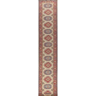 Kazak Runner Rug Hand-Knotted Beige Wool Carpet - 2'8" x 25'8"