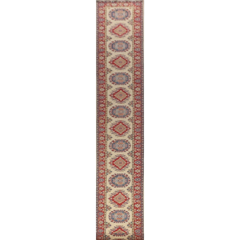 Kazak Runner Rug Hand-Knotted Beige Wool Carpet - 2'8" x 25'8"