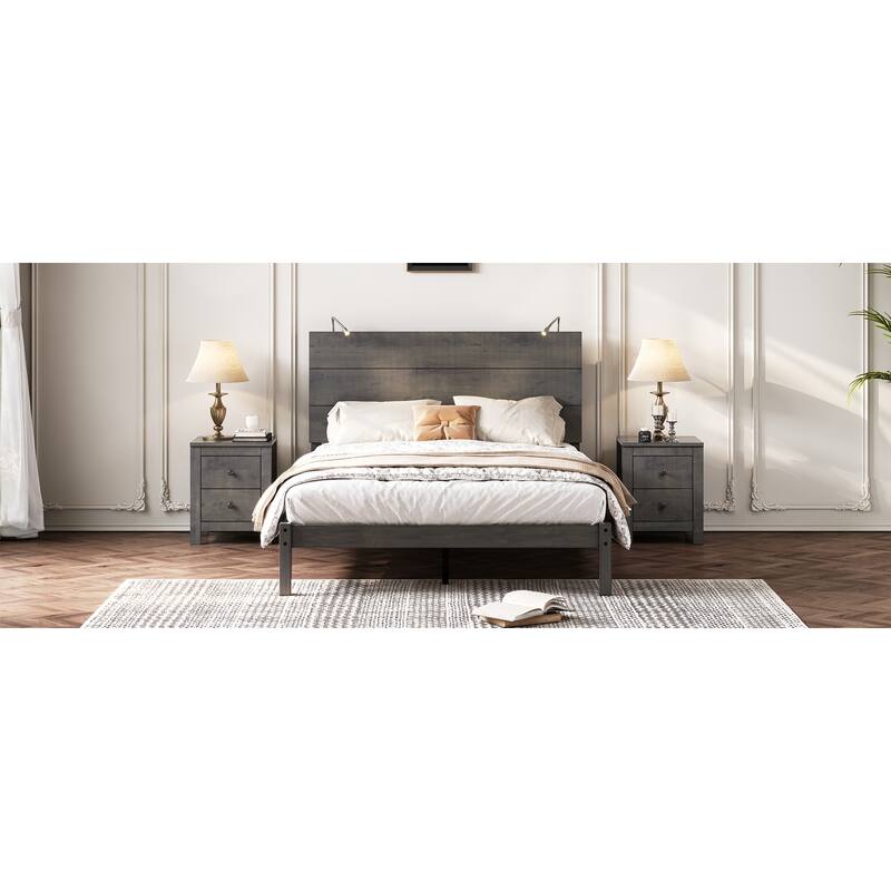 Farmhouse Wooden Platform Full Size Bed, Modern Platform Bed with Two Bedside Lights