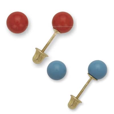Curata 14k Yellow Gold Reconstructed Turquoise or Coral 5mm Screw-Back Stud Earrings