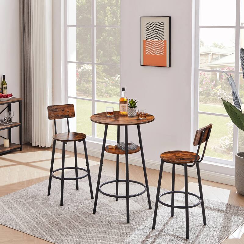 Round Bar Stool Set with Backrest and Shelf - Upholstered - Rustic Brown