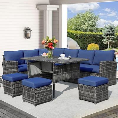 AECOJOY 7-Piece Outdoor Patio Wicker Sectional Sofa with Dining Table