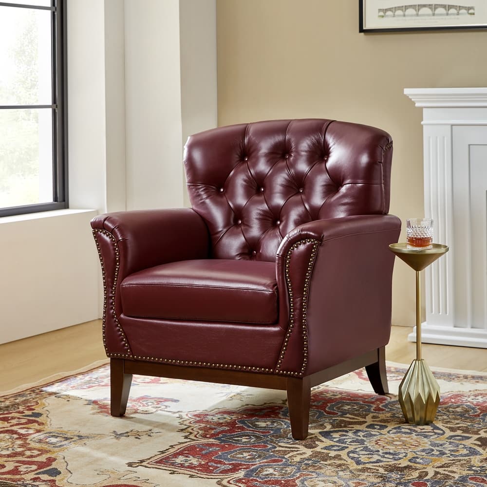 Burt Traditional Genuine Leather Accent Chair with Tufted Wing Back by HULALA HOME