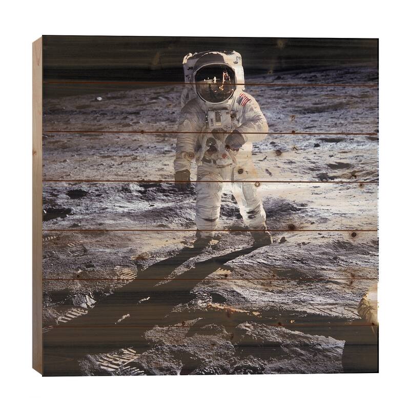 Buzz Aldrin Moonwalker Print On Wood by NASA - Multi-Color - 26x26x1.5