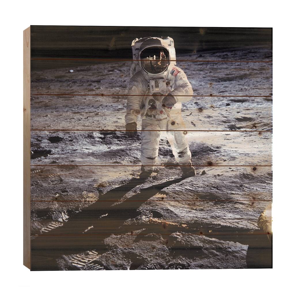 Buzz Aldrin Moonwalker Print On Wood by NASA - Multi-Color