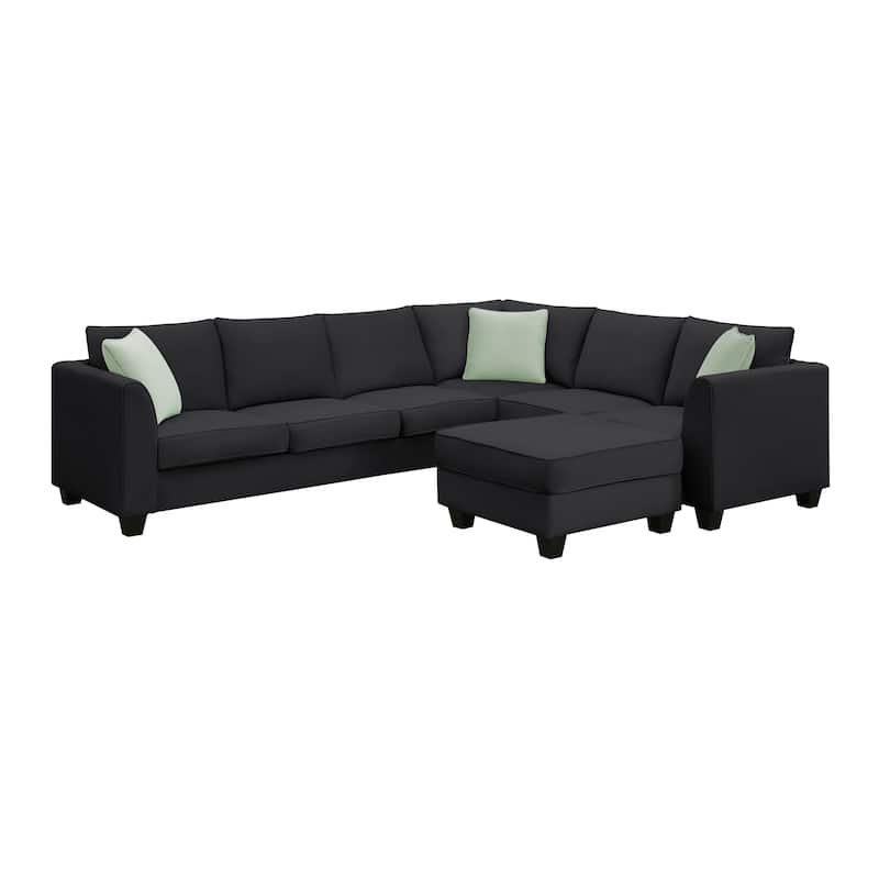 112'' Spacious L-Shaped 7-Seat Modular Sectional Sofa with Ottoman and 3 Pillows, Sturdy Wood and Metal Frame