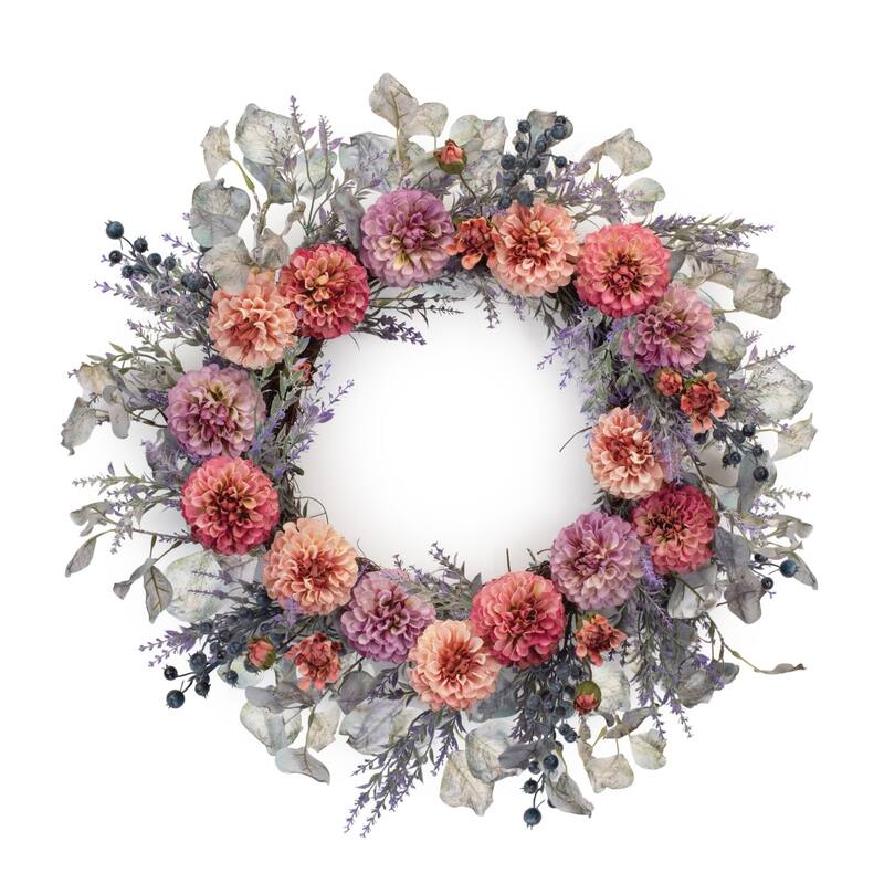 Mixed Zinnia Twig Spring Floral Wreath - 24" - Pink and Purple