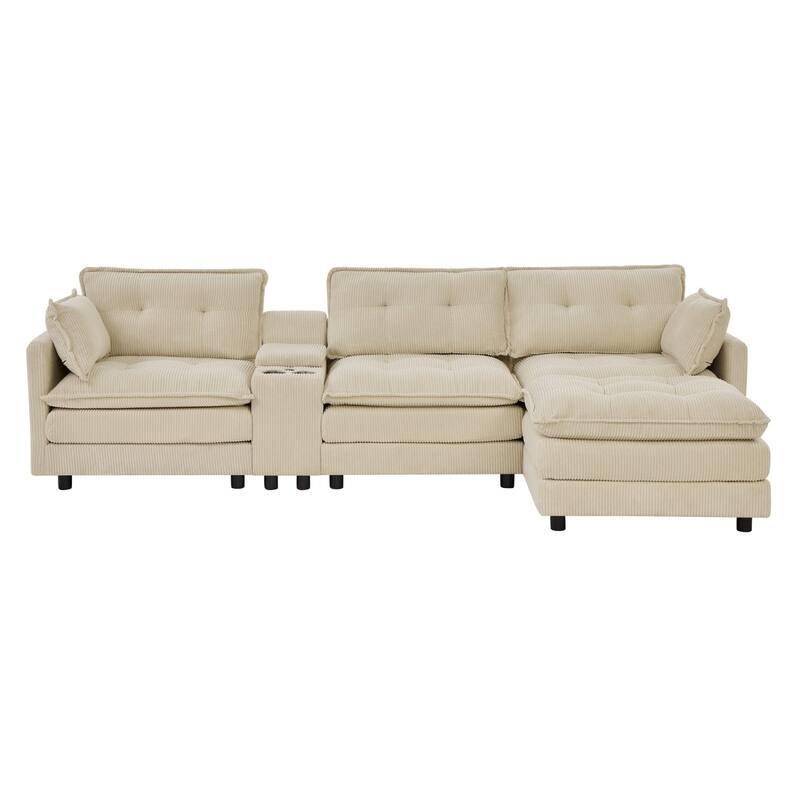 119.2" L-Shaped Corduroy Sectional Sofa with Console and Ottoman