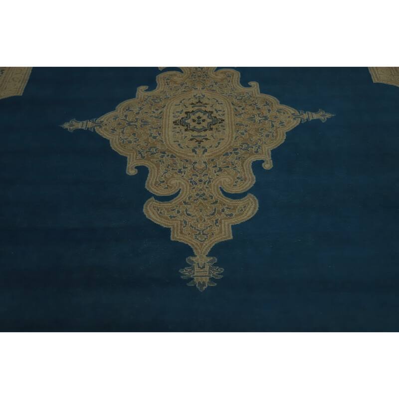 Hand Knotted Oriental 100% Wool Carpet Traditional Medallion Navy Blue & Blues Kerman Area Rug - 12' 3'' X 9' 7''