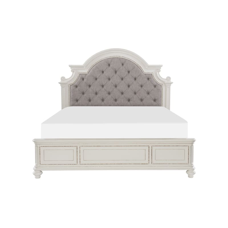 Milena 4 Piece White Gray Traditional Fabric Upholstered Tufted Panel Bedroom Set