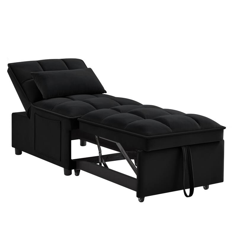 Velvet Multi-Function Chair Bed with Adjustable Backrest, Storage Pockets and Convertible Chaise Design