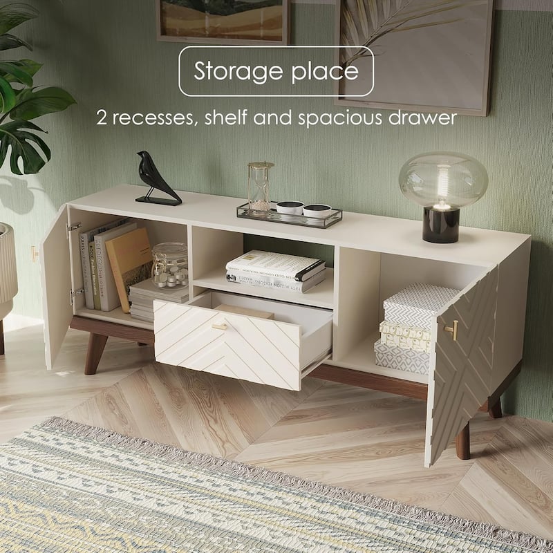 Living Skog Alba Beige TV Stand Console with Drawer Fits TV's up to 65 in. with Wood Legs Mid Century Modern Design