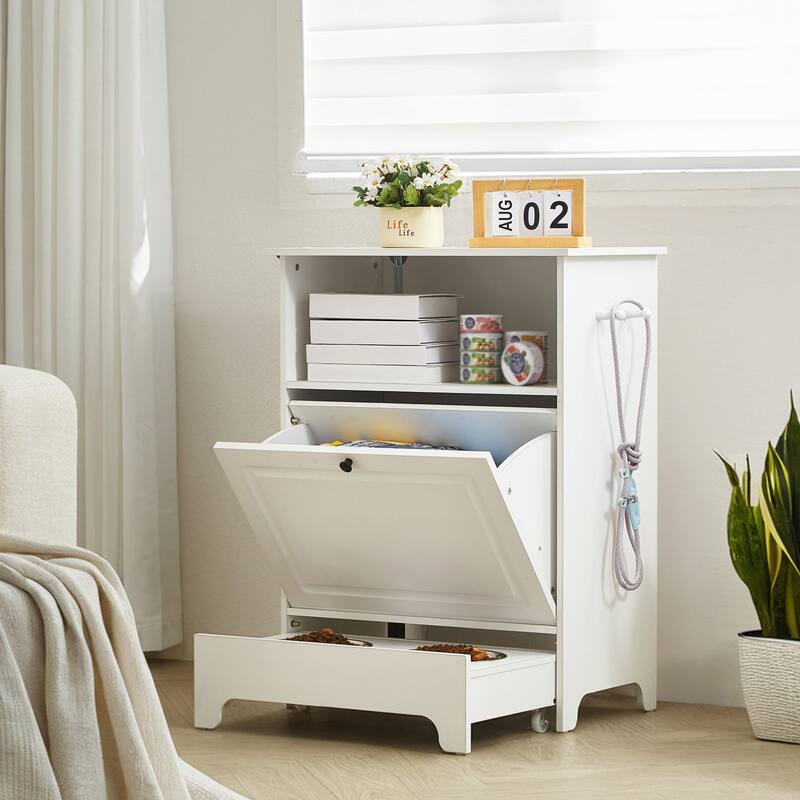 White Pet Feeding Station with 2 Elevated Dog Bowls and Dog Food and Toy Storage Cabinet - 23.62 x 13.78 x 31.38 inch