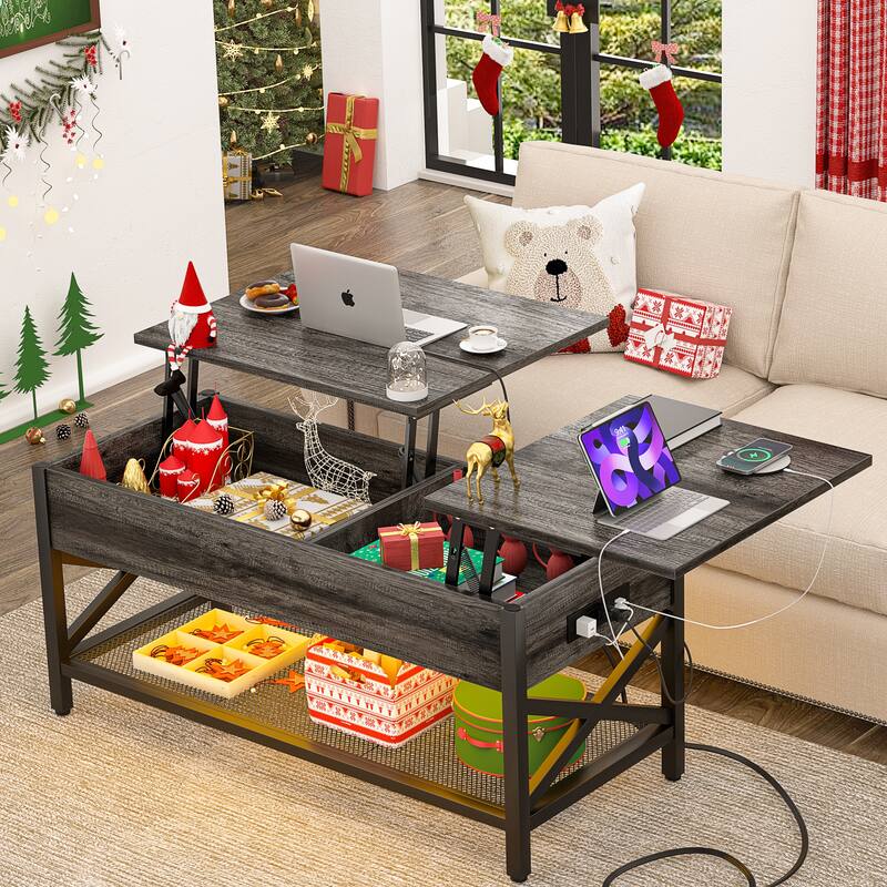 Modern Farmhouse Lift Top Coffee Table with USB Port and LED light, Living Room Accent Table
