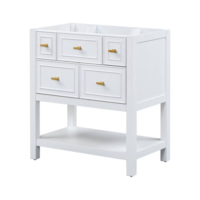 30'' Bathroom Vanity with/without Resin Sink, Freestanding Bathroom Vanity Cabinet with 5 Drawers & Open Shelf, Solid Wood Frame